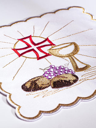 A complete set of chalice linens with Eucharistic embroidery and grape motif