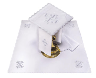 A complete set of chalice linens with Jerusalem Cross embroidery in white