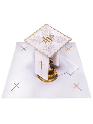 A complete set of chalice linens with IHS embroidery and a grapevine