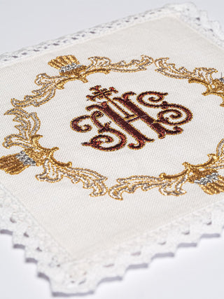 A complete set of chalice linens with IHS embroidery