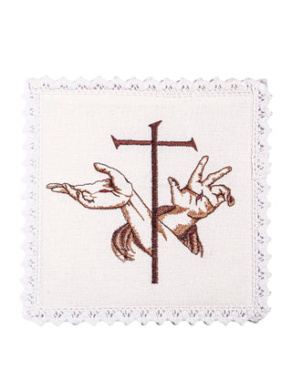 A complete set of chalice linens with Franciscan embroidery made of linen and cotton