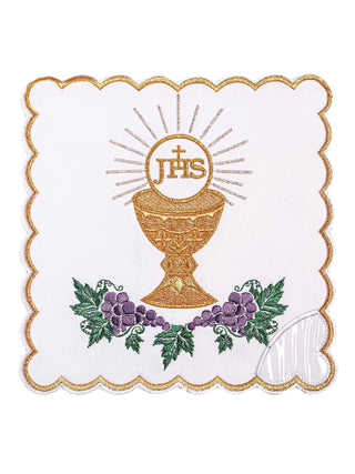 A complete set of chalice linens with colorful Eucharistic embroidery