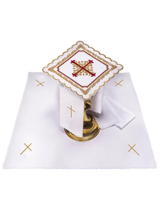 A complete set of chalice linens with gold and red Eucharistic embroidery