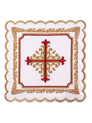 A complete set of chalice linens with gold and red Eucharistic embroidery