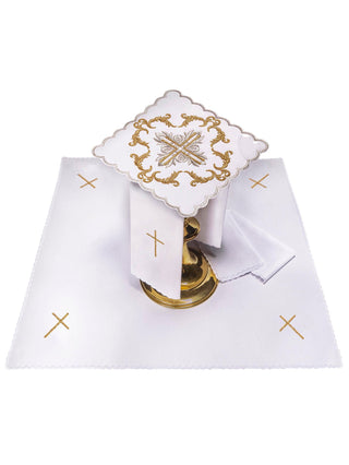 A complete set of chalice linens with gold eucharistic embroidery