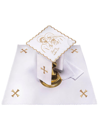 A complete set of chalice linens made of velvet fabric with gold embroidery for Christmas