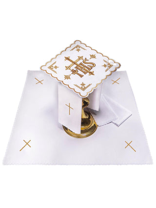 A complete set of chalice linens with the IHS motif and gold embroidery