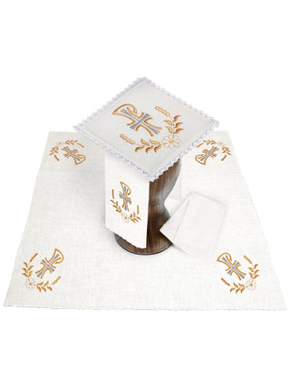 A complete set of chalice linens with the PAX motif and gold embroidery