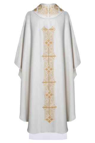 Liturgical chasuble made of shiny fabric with gold embroidery and beads