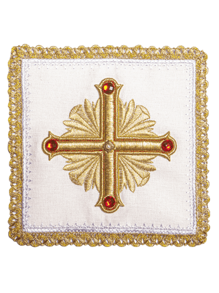 Chalice set made of linen with Eucharistic embroidery and golden crosses