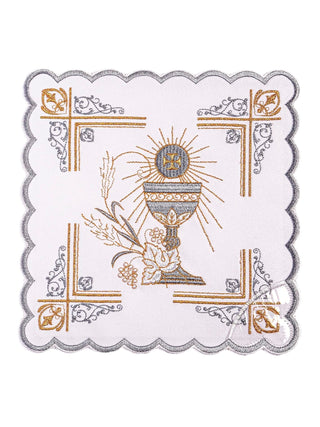 A set of richly decorated chalice linens with Eucharistic embroidery