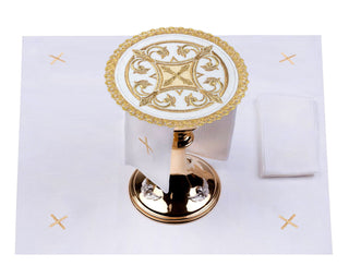 Linen chalice set with cross embroidery on a round pall