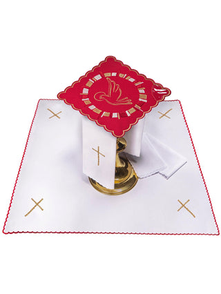 A set of red chalice linens with the embroidery of the Holy Spirit