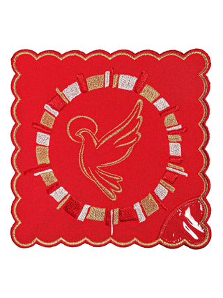 A set of red chalice linens with the embroidery of the Holy Spirit