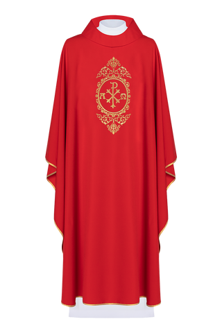 Red Liturgical Chasuble with PAX Embroidery and Gold Trim