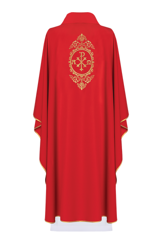 Red Liturgical Chasuble with PAX Embroidery and Gold Trim