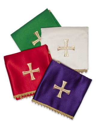 Set of four chalice veils with an embroidered gold cross in liturgical colors