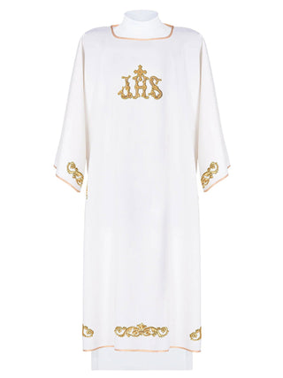 Ecru dalmatic with IHS embroidery and gold trim, with an inner stole