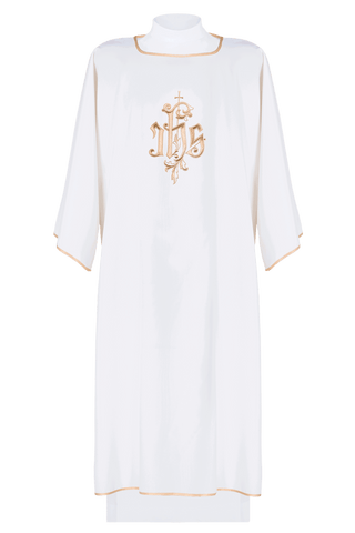 Ecru dalmatic with IHS embroidery and gold-satin trimming