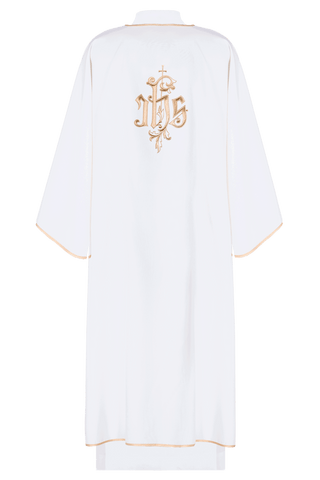 Ecru dalmatic with IHS embroidery and gold-satin trimming