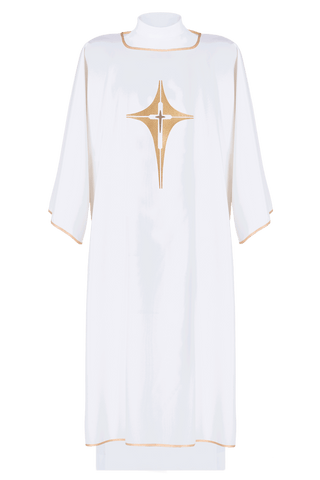 Ecru liturgical dalmatic with gold cross embroidery and gold-satin trimming