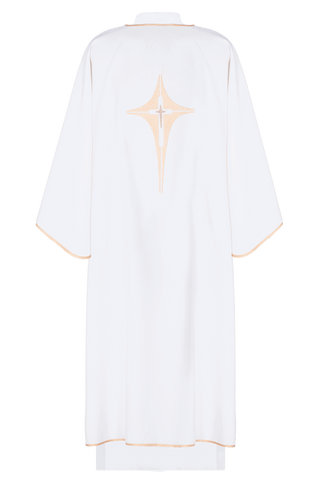 Ecru liturgical dalmatic with gold cross embroidery and gold-satin trimming