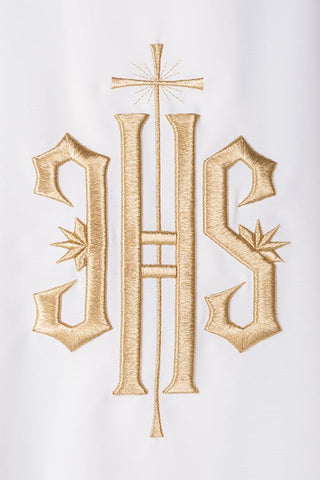 A dalmatic made of plain fabric with gold IHS embroidery and satin trimming, with an inner stole