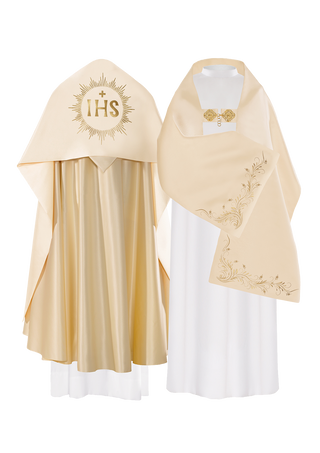 Liturgical humeral veil with IHS embroidery in ecru color