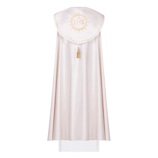 Embroidered IHS Cope in Ecru Satin with Tassel and Stole