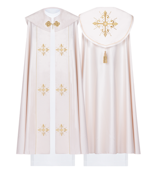 Liturgical cope embroidered in ecru satin with a decorative pompon and stole