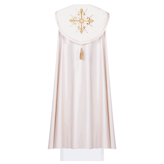 Liturgical cope embroidered in ecru satin with a decorative pompon and stole