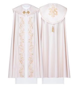 Ecru liturgical cope with embroidery and satin finish