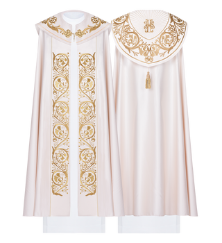 Ecru liturgical cope with IHS embroidery and satin finish