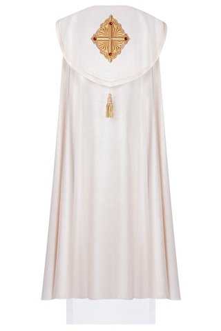 Satin liturgical cope with IHS embroidery and decorative hood