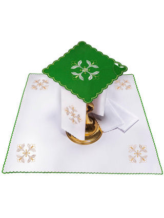 Chalice Linen Set with Embroidered Cross in Green Color