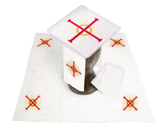 Linen chalice set with red cross embroidery - chalice linens with eucharistic motif