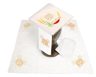 Linen chalice set with Eucharistic embroidery IHS - pall, corporal, purificator, towel