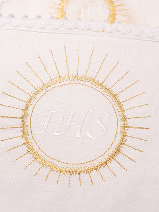 Linen chalice set with Eucharistic embroidery IHS - pall, corporal, purificator, towel