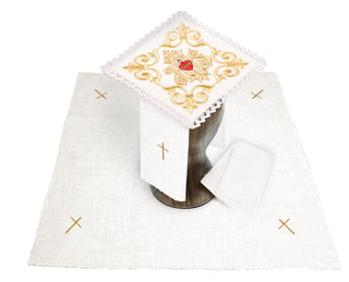 Linen chalice set with Eucharistic embroidery IHS - pall, corporal, purificator, towel