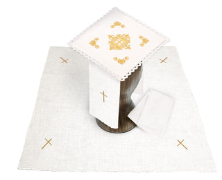 Linen chalice set with Eucharistic embroidery IHS - pall, corporal, purificator, towel