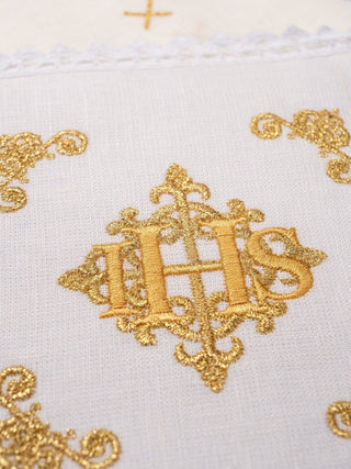 Linen chalice set with Eucharistic embroidery IHS - pall, corporal, purificator, towel