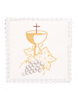 A complete set of linen chalice linens with eucharistic embroidery and gold crosses