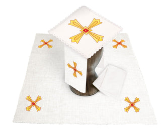 Linen chalice set with Eucharistic embroidery and golden crosses