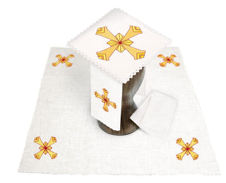 Linen chalice set with Eucharistic embroidery and golden crosses