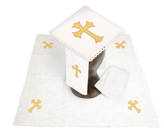 Linen chalice set with Eucharistic embroidery and gold crosses