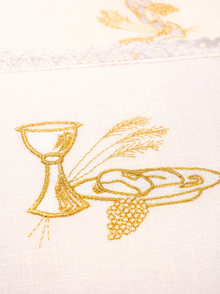 Linen chalice set with gold eucharistic embroidery - pall, corporal, purificator, towel