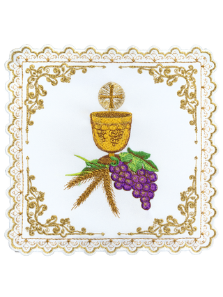 Chalice set with a motif of a chalice, grapes, wheat, and host - handcrafted, richly decorated, perfect for religious ceremonies