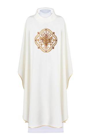 Cream liturgical chasuble with IHS and PAX embroidery