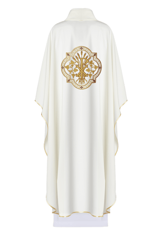 Cream liturgical chasuble with IHS and PAX embroidery