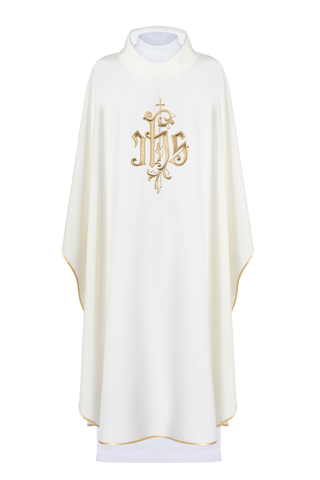 Cream liturgical chasuble with gold IHS embroidery and satin trim